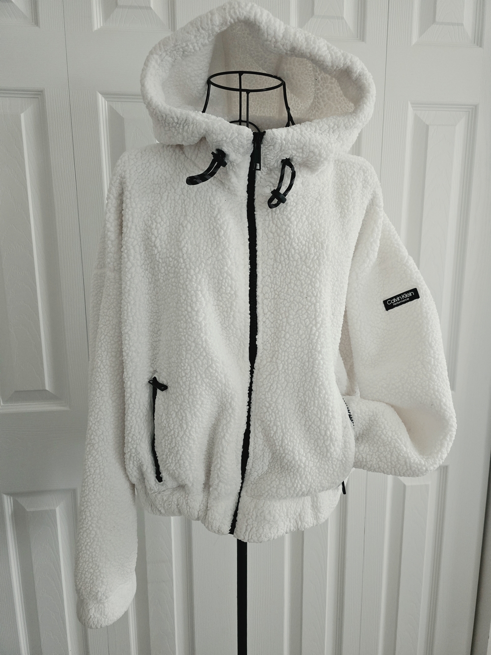 Calvin Klein White Sherpa Hooded Zip Jacket with Black Trim